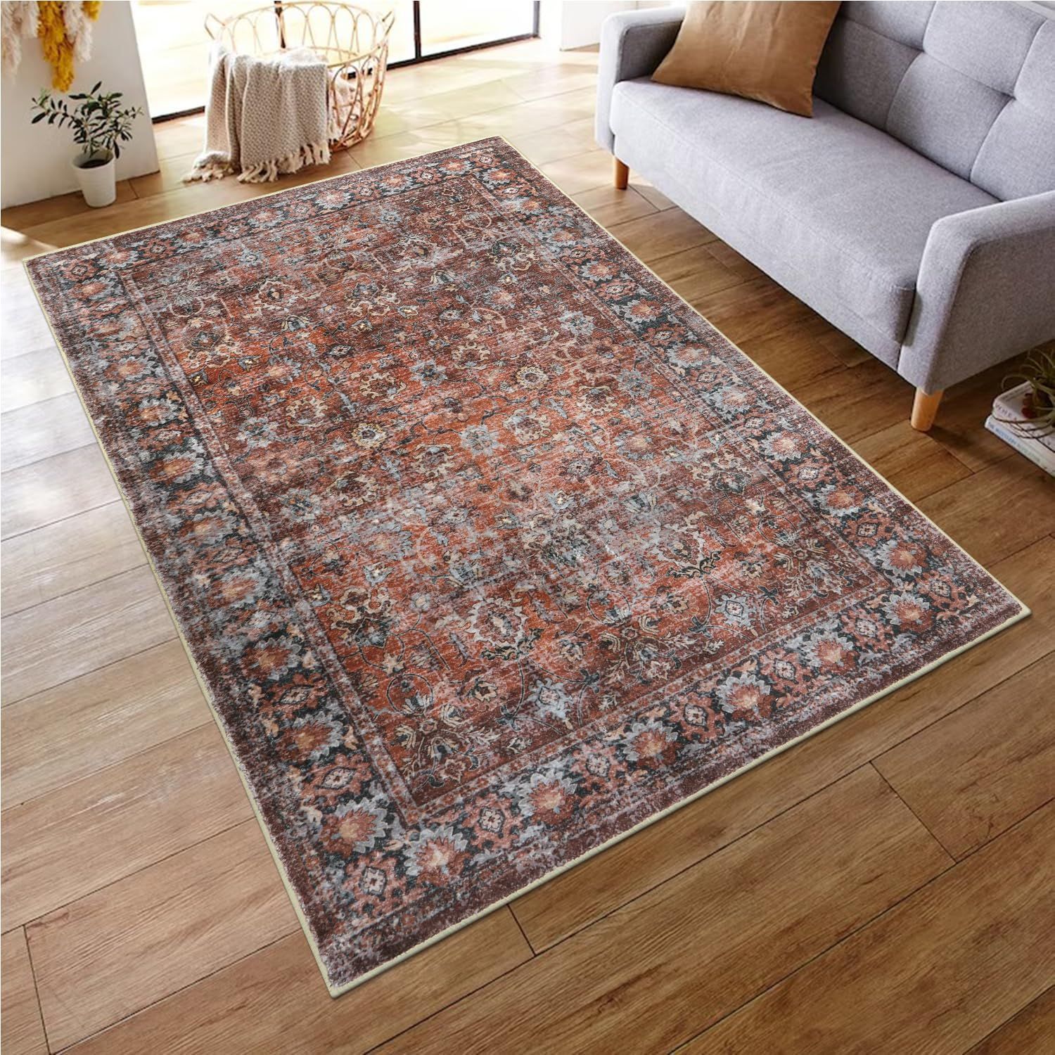 HAOCOO ラグ カーペット 洗える 130×190cm ホットカーペット対応 絨毯 ペルシャ風 ラグマット 1.5畳 ふわふわ おしゃれ ホットカーペット対応 滑り止め 防ダニ 防臭 軽量 防音マット 室内用 デスクマット ダイニングマット アンティ