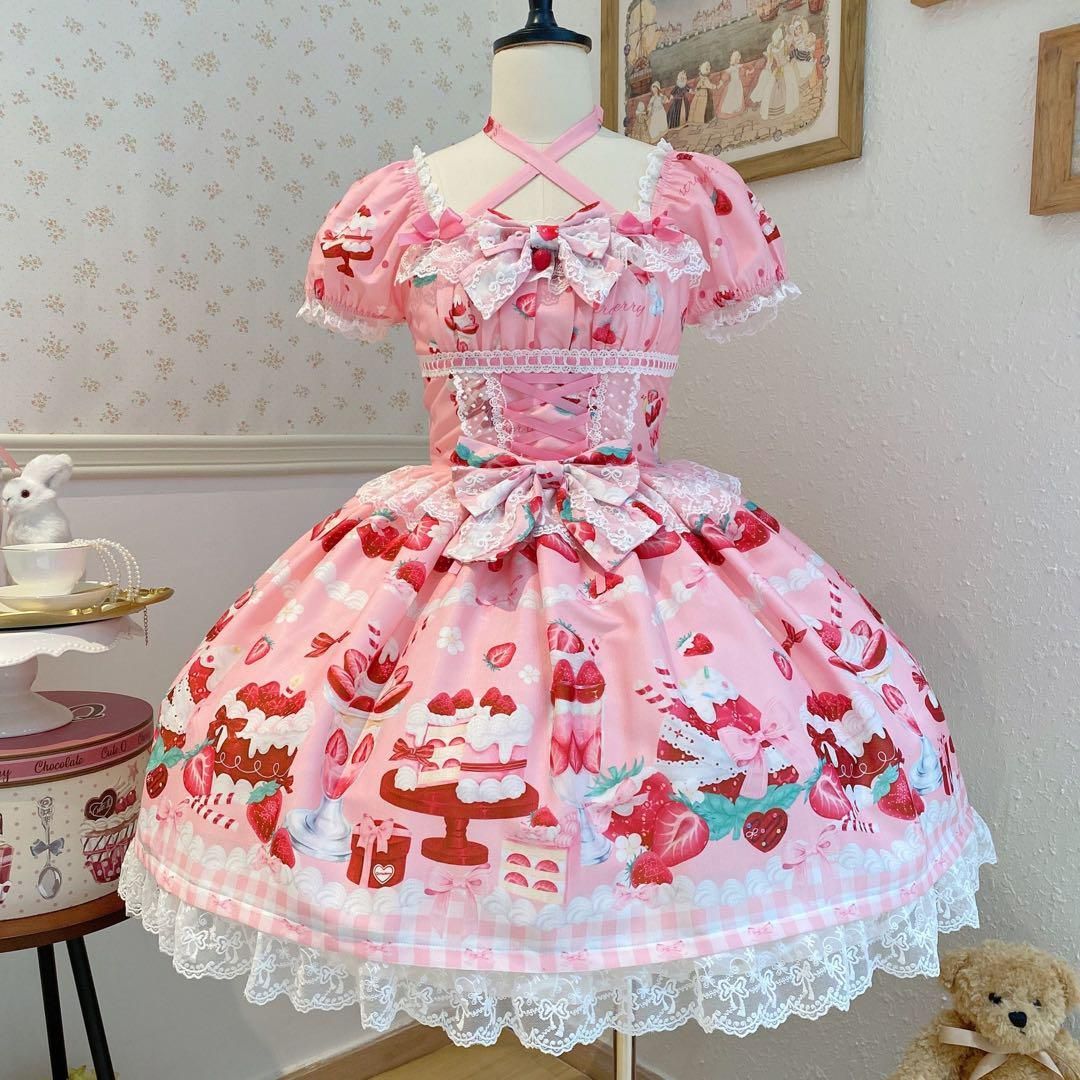 【苺パフェ】ロリータドレス リボン可愛いゴスロリ 森ガール 姫様スイーツ柄ピンク 苺パフェ】イチゴ ロリータドレス リボン 可愛いゴスロリ 森