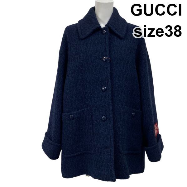 ●◆ グッチ GUCCI ツイードコート ミドル丈 長袖 袖ロールアップ ジャケット ネイビー ウール混 38 M 9号 レディース S5W290