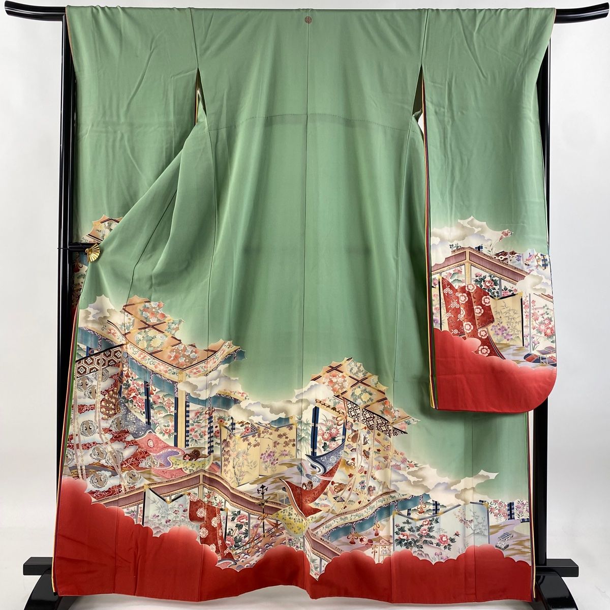 振袖 身丈163cm 裄丈67.5cm L 袷 屏風 花鳥 金彩 ぼかし よもぎ色 正絹 秀品 一つ紋