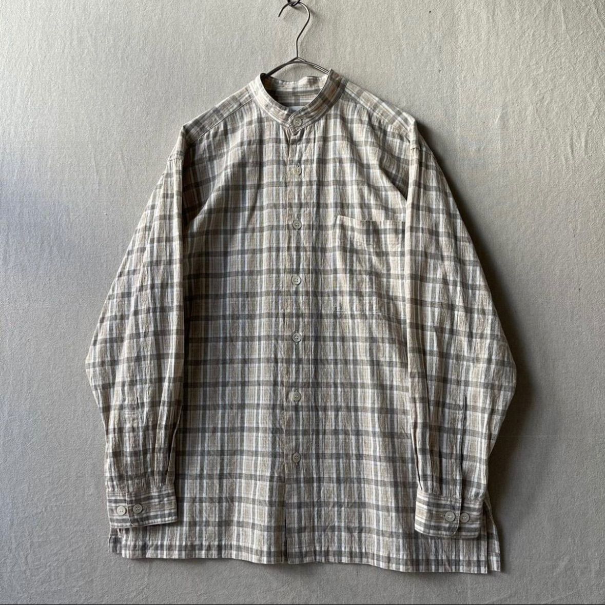 80s im ISSEY MIYAKE バンドカラー シャツ / S コットン リネン ベージュ チェック ボックス ビンテージ アーカイブ 90s  T4-01061-1649