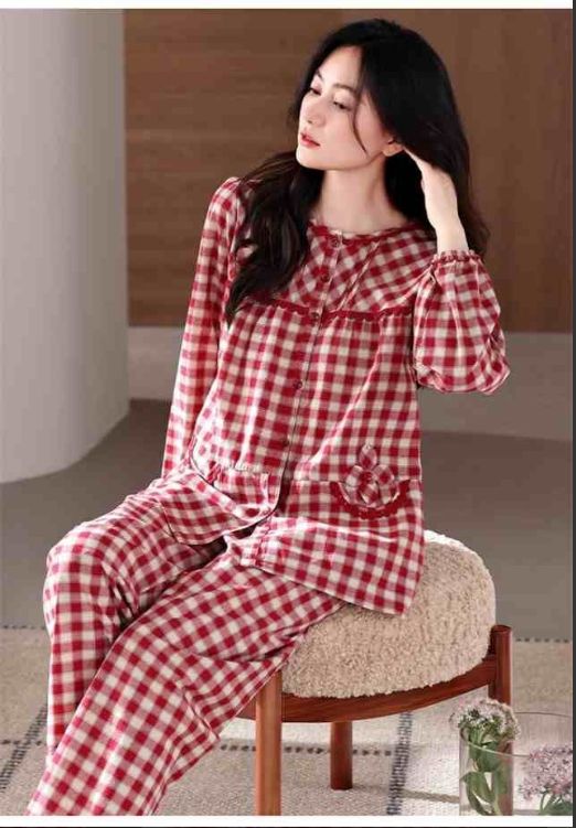 パジャマ チェック柄 ルームウェア 綿 レディース 長袖 上下セット レッド 赤 前開き コットン 部屋着 寝間着 春 秋 かわいい 入院