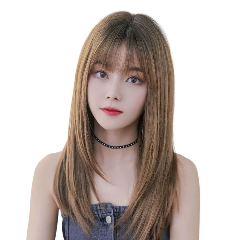 【新着商品】ロリータ フルウィッグ コスプレ 女装 wig かつら 小顔 かつら 自然 人気 ナチュラル 自然 前髪 耐熱 セミロング ストレート 原宿系 ロング ネット付き ウィッグ (クール茶色) ISHR