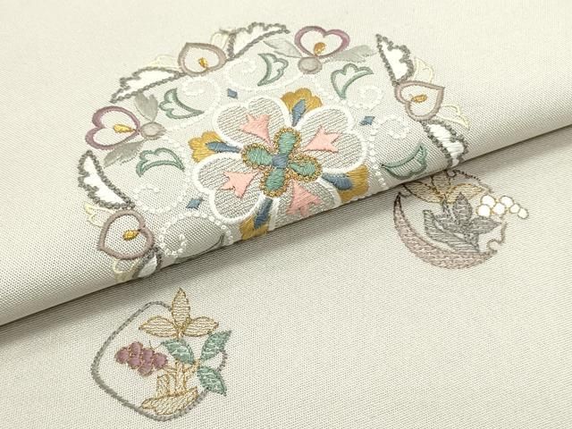 平和屋着物●九寸名古屋帯　総刺繍　正倉院花菱文　絹鼠色　金糸　正絹　逸品　DAAY0118ob 平和屋着物○九寸名古屋帯 総刺繍 正倉院花菱文 絹鼠色 金糸 正絹 逸品