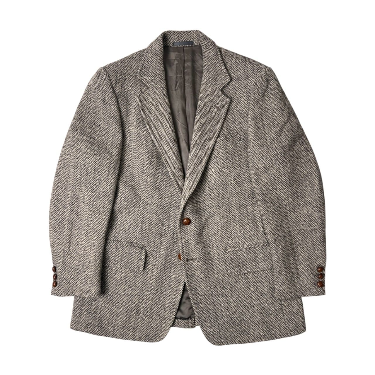 USA製 ハリスツイード くるみボタン 2B ジャケット Harris Tweed グレー系カラー 厚手 大きめサイズ クリーニング済み  Harris Tweed ハリスツイード USA製 ヘリンボーン くるみボタン 2B