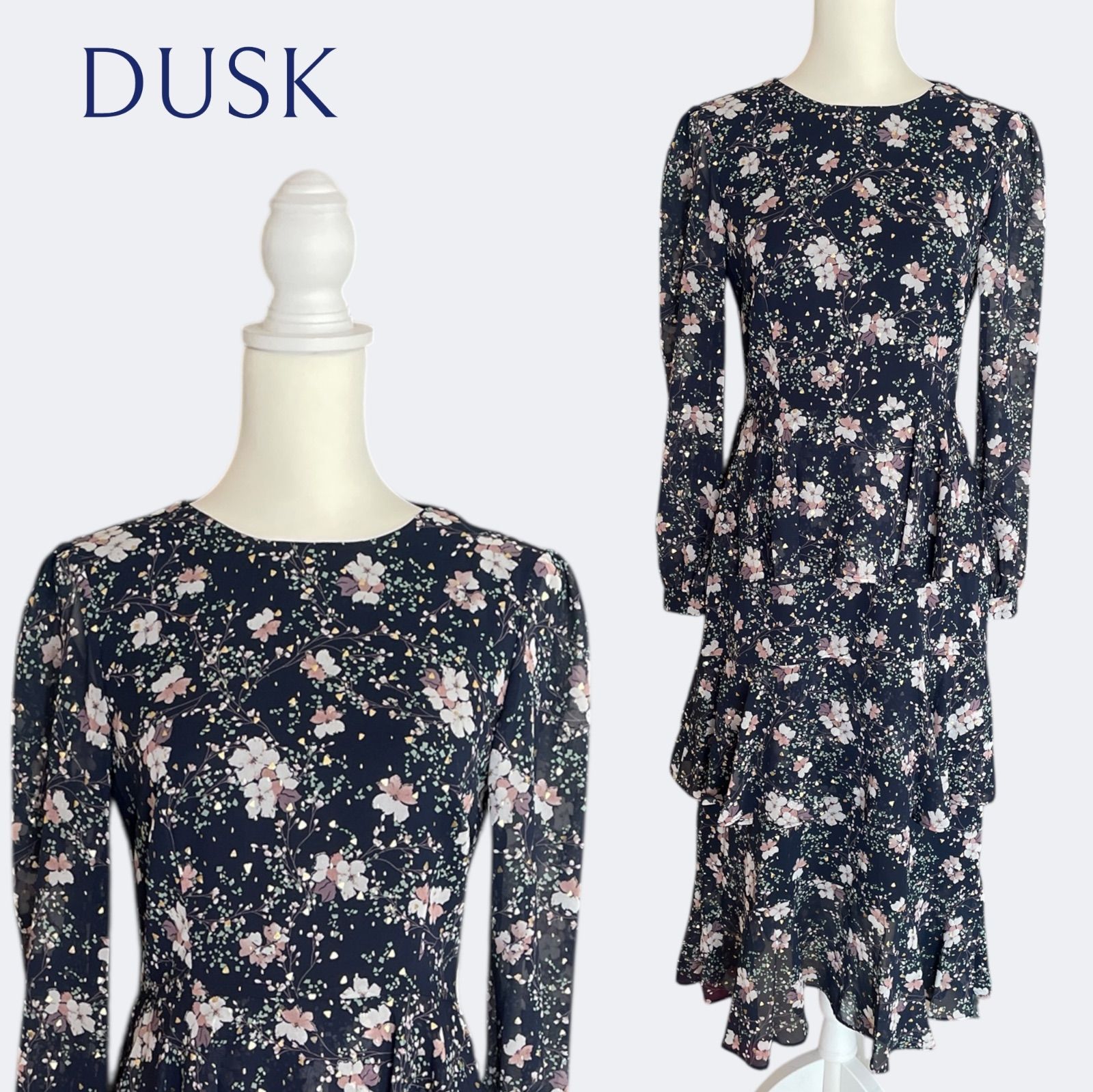 ◆DUSKダスク 上品ネイビー小花柄 ティアードフ ワンピース M-XL