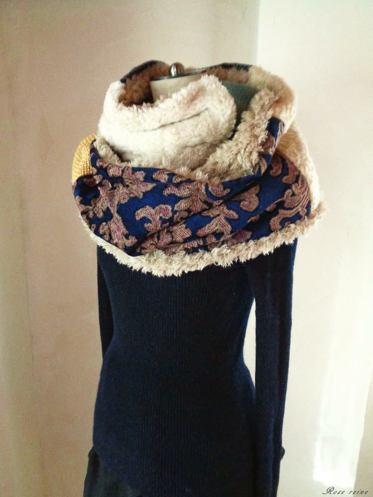 絵画なパッチワーク♥ふわふわボリュームスヌード♥ネイビー イエロー エクリュ 絵画なパッチワーク♥ふわふわボリュームスヌード♥ネイビー イエロー