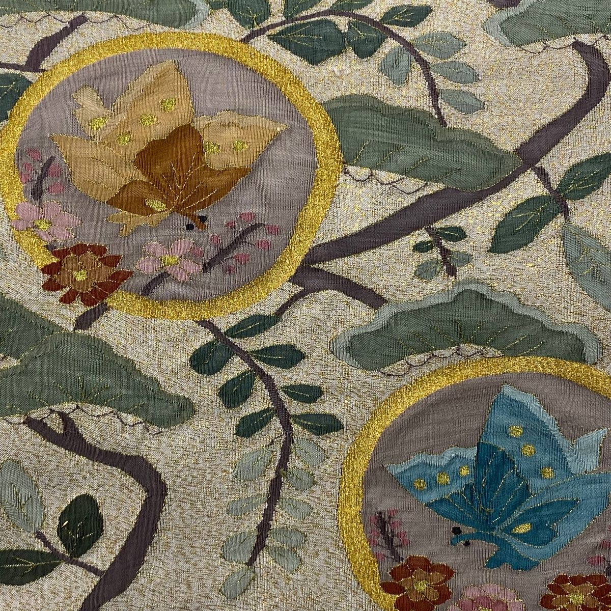 袋帯 蝶 松 金糸 箔 薄茶色 お太鼓柄 正絹