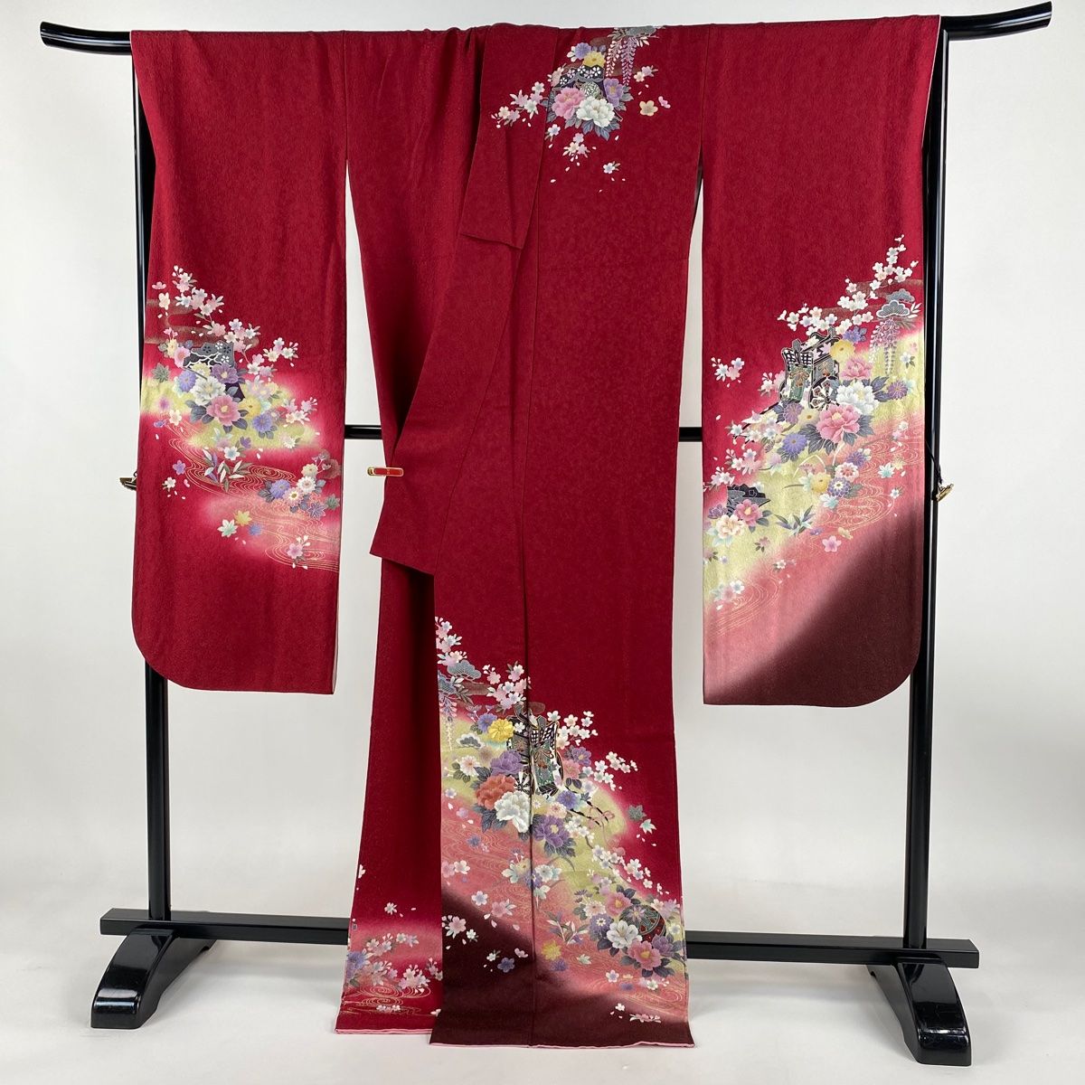 振袖 身丈174.5cm 裄丈68cm L 袷 御所車 牡丹 刺繍 銀通し 赤