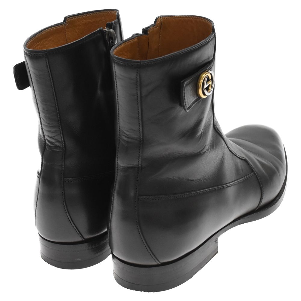 ☆美品 グッチ インターロッキング サイド ジップ ブーツ 黒 イタリア製 GUCCI (グッチ) レザー ショートブーツ サイドジップ インター