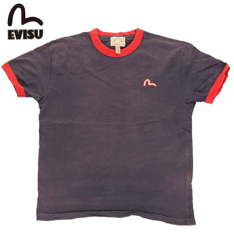 訳あり EVISU エヴィス EVISUJEANS USED T SHIRTS Ｔシャツ 半袖 ワンポイント 刺繍 バックプリント ネイビー　限定 古着 ユーズド カモメ カモメマーク 白 プリントTシャツ 普段着 仕事着 夏 アウトド