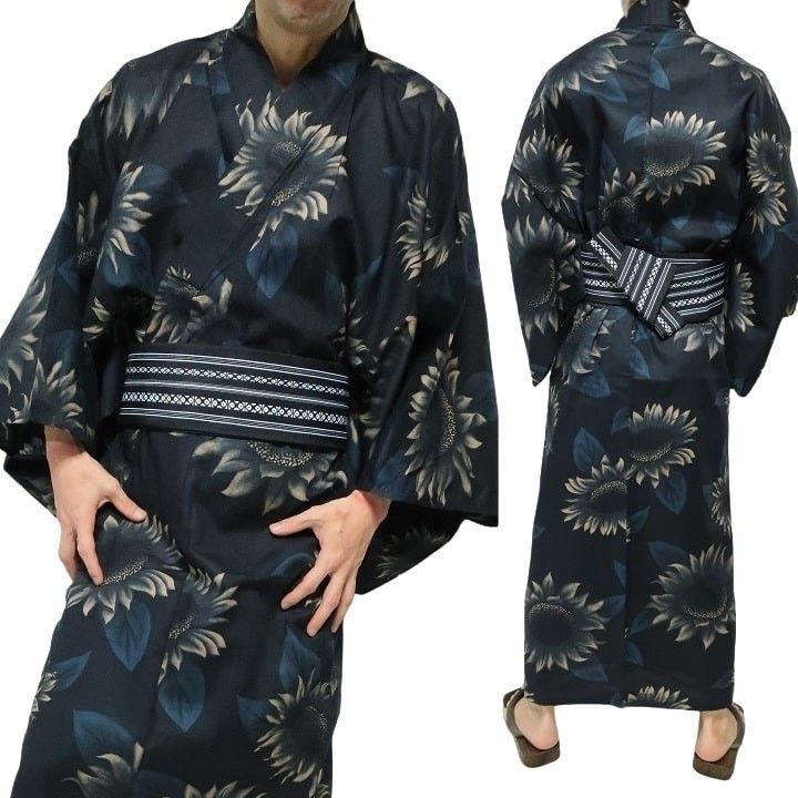 浴衣 メンズ セット ゆかた/帯/2点セット ひまわり/向日葵 和柄/和風 服 メンズ 通販 祭り おしゃれ ユカタ 紳士 紺 お祭り 花火 メンズファッション 和服 ネイビー/黒帯 サイズM-L-XL