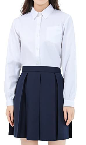角衿-長袖-ホワイト_5XL [Sharphon] 女子 スクールシャツ 長袖 角襟 レディース 無地 綿 シャツ トップス ポケット付