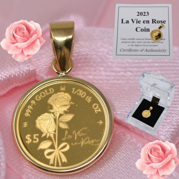 純金 コイン ラヴィアンローズ 薔薇 エリザベス ペンダント トップ 1|30オンス 24金 枠 18金 k18 18k おしゃれな ローズ コインペンダント