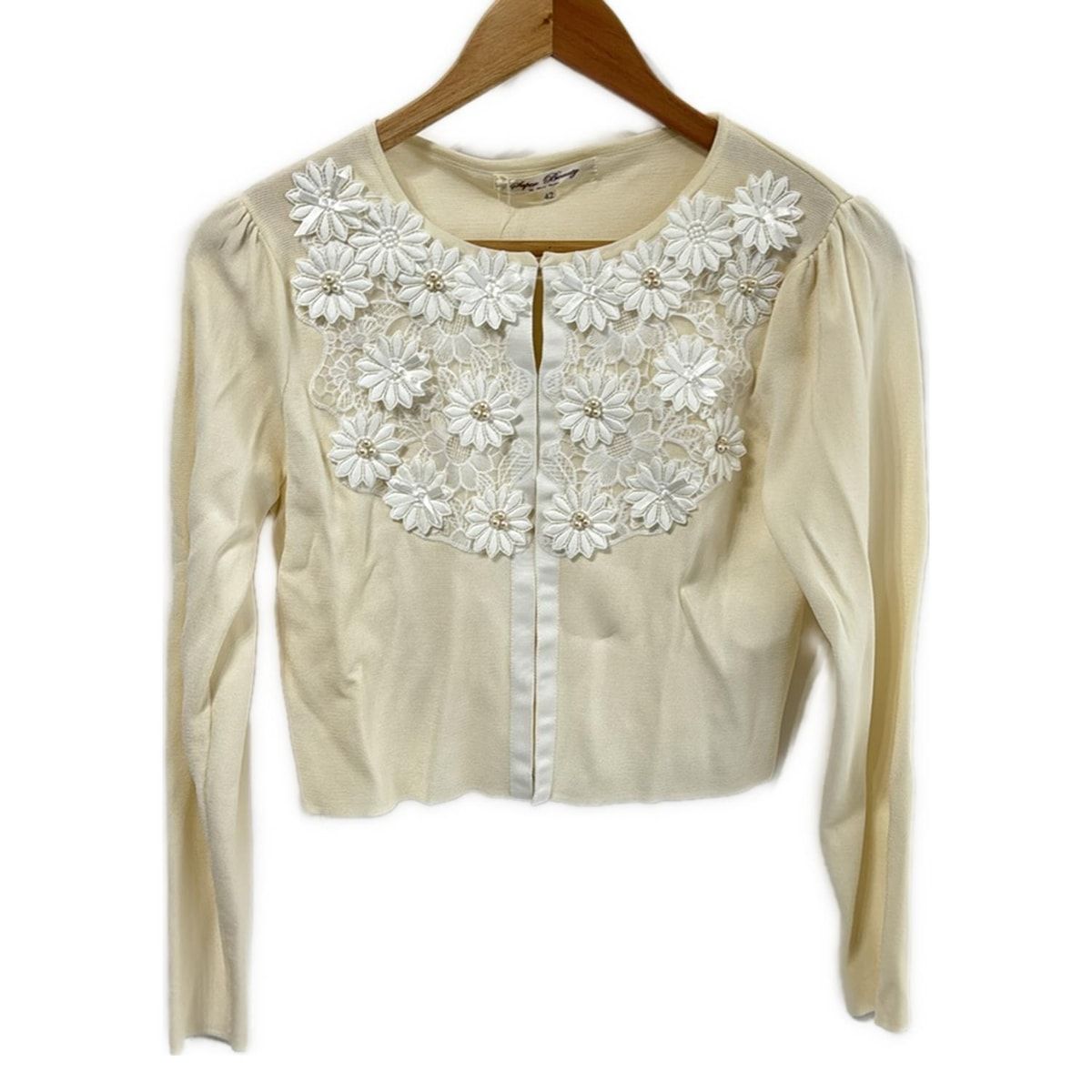 SUPERBEAUTY スーパービューティー カーディガン サイズ42 L レディース - アイボリー×白 長袖 レース パール フラワー 花