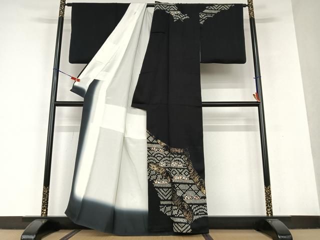 平和屋着物○訪問着 絞り 刺繍 草花文 黒地 金彩 正絹 逸品 AAAU8449zg