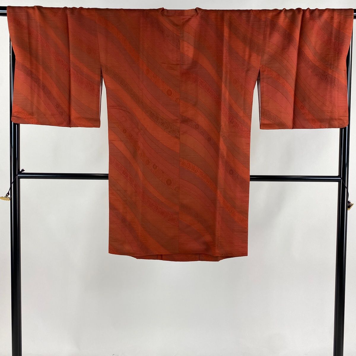 道行 身丈96cm 裄丈69cm L 和装コート 角衿 草花 縞 ぼかし 赤茶 正絹 名品