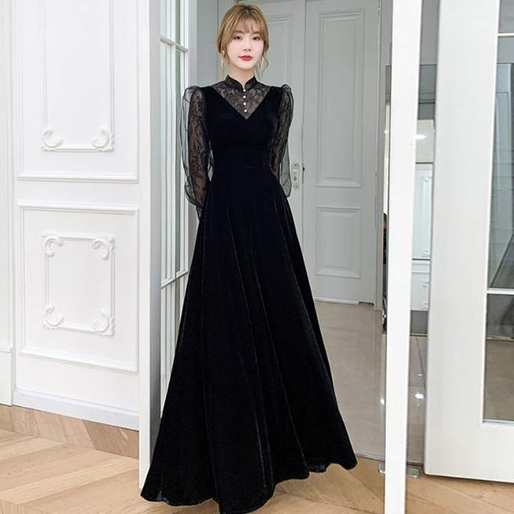 透け感 袖あり レディース パーティードレス ドレス レース 韓国