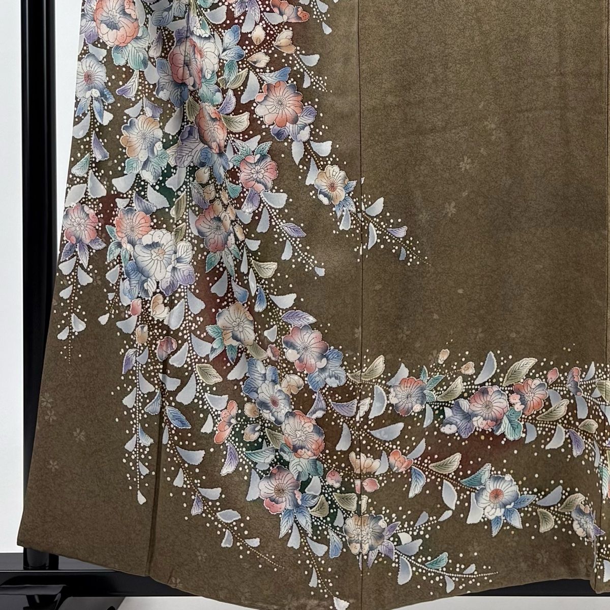 訪問着 身丈159cm 裄丈70cm L 袷 辻が花柄 金銀彩 染め分け 黄土色 正絹 名品 中古