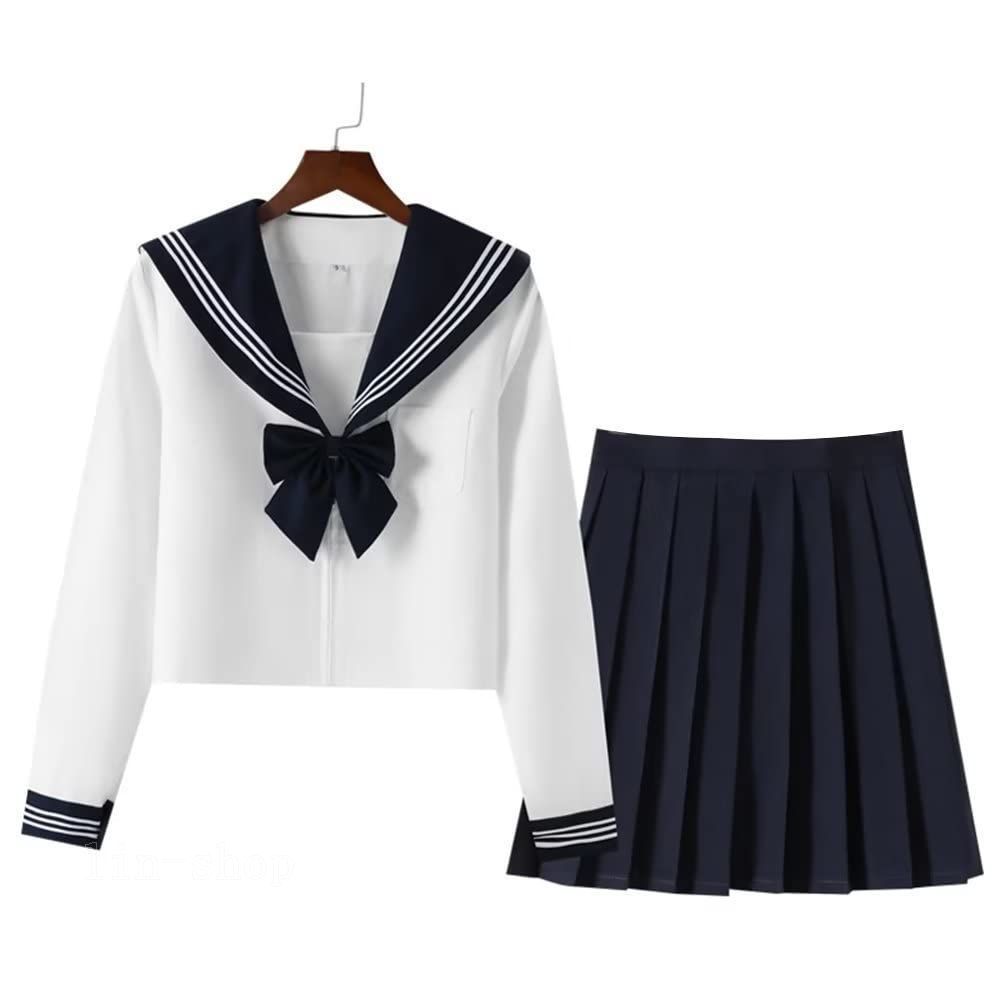 新品 女子制服 3点セット 学生服 女子高校生 コスプレ 高校生 学生 蝶結び 制服 コスチューム 白三本 スカート JK制服 刺繍 半袖 可愛い 本格制服 紺色の襟 セーラー服 ネイビー 学園祭 [