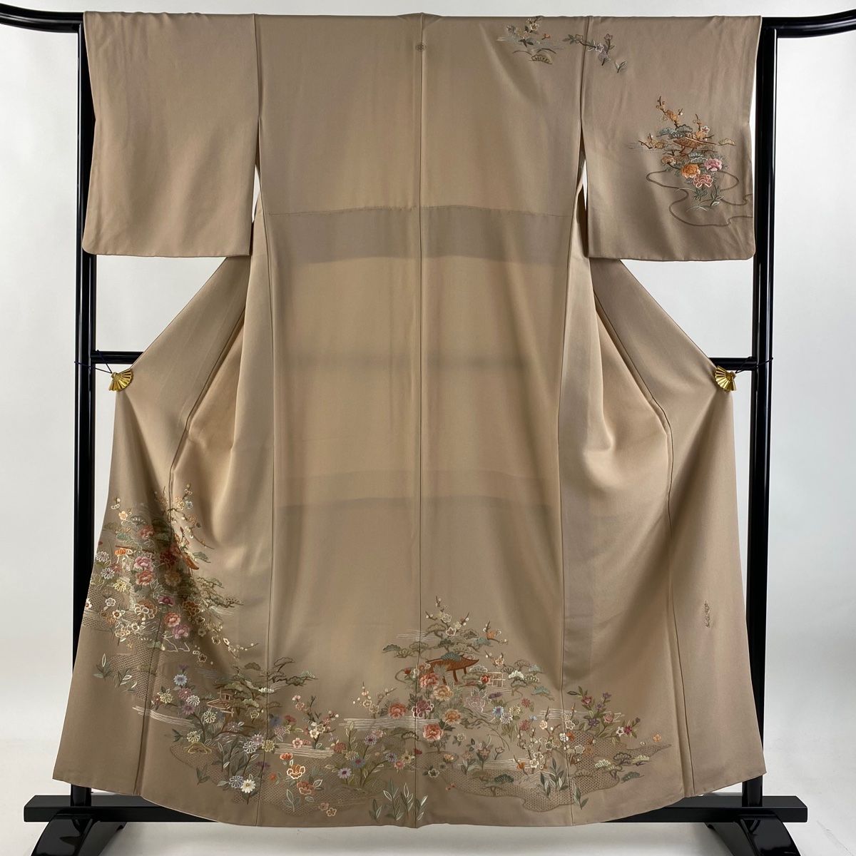 訪問着 身丈158.5cm 裄丈65cm M 袷 家屋 草花 刺繍 薄茶色 正絹 秀品 一つ紋