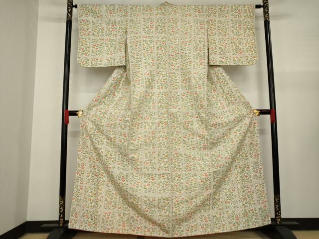 平和屋着物●上質な紬　手描き　格子花文　正絹　逸品　AAAY1935ck 平和屋着物○上質な紬 手描き 格子花文 正絹 逸品 AAAY1935ck 平和屋