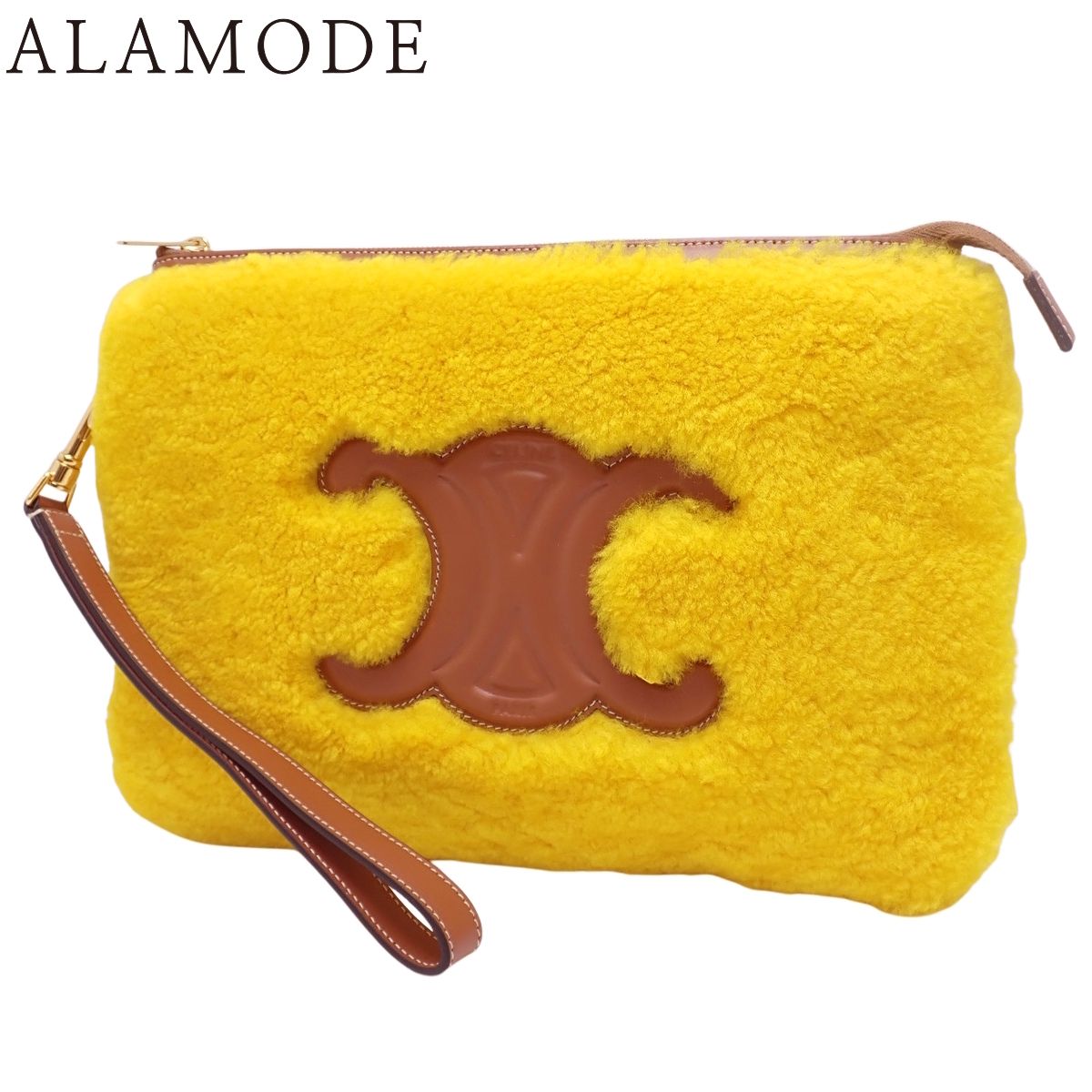 CELINE セリーヌ トリオンフ ムートン クラッチ クラッチバッグ|セカンドバッグ ポーチ 小物 ムートン スムースレザー イエロー黄 ブラウン茶 ゴールド金具 レディース 40802158282 アラモード