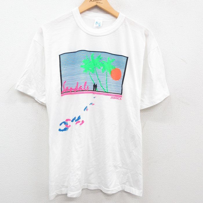 L/古着 半袖 ビンテージ Tシャツ メンズ 80s ヤシの木 ジャマイカ クルーネック 白 ホワイト 霜降り 23mar22 中古