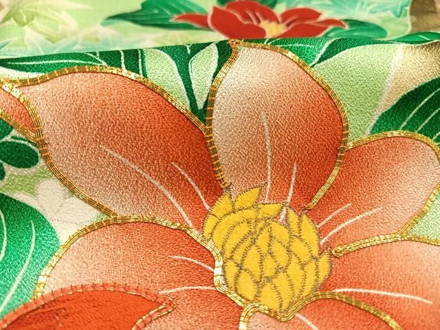 豪華振袖 金通し 駒刺繍 チューリップ 花文 暈し染め　クリーム色　正絹 豪華振袖 金通し 駒刺繍 チューリップ 花文 暈し染めクリーム色正絹
