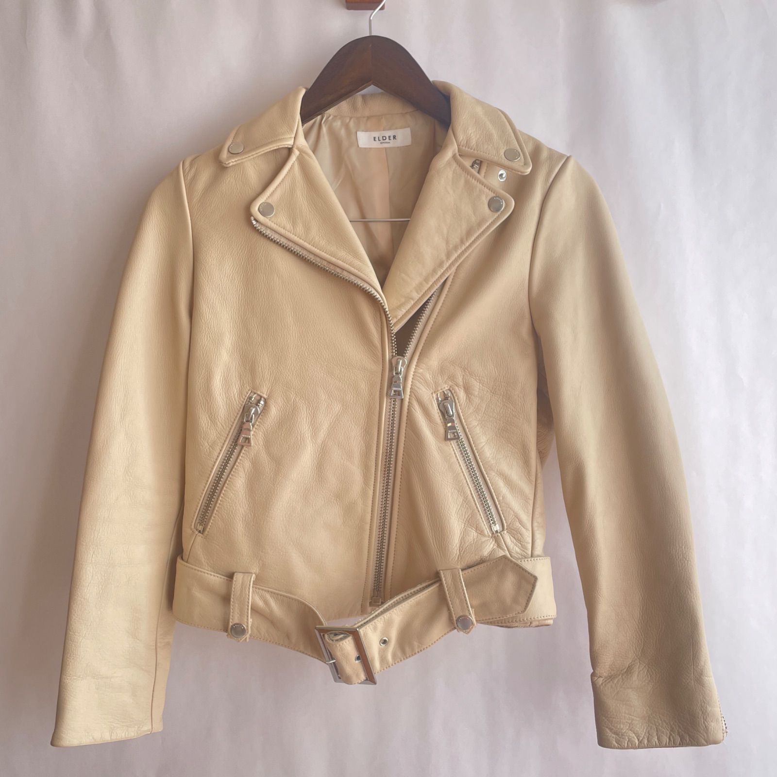 エモダ ELDER CHIC レザー ダブル ライダース 牛革 S ベージュ