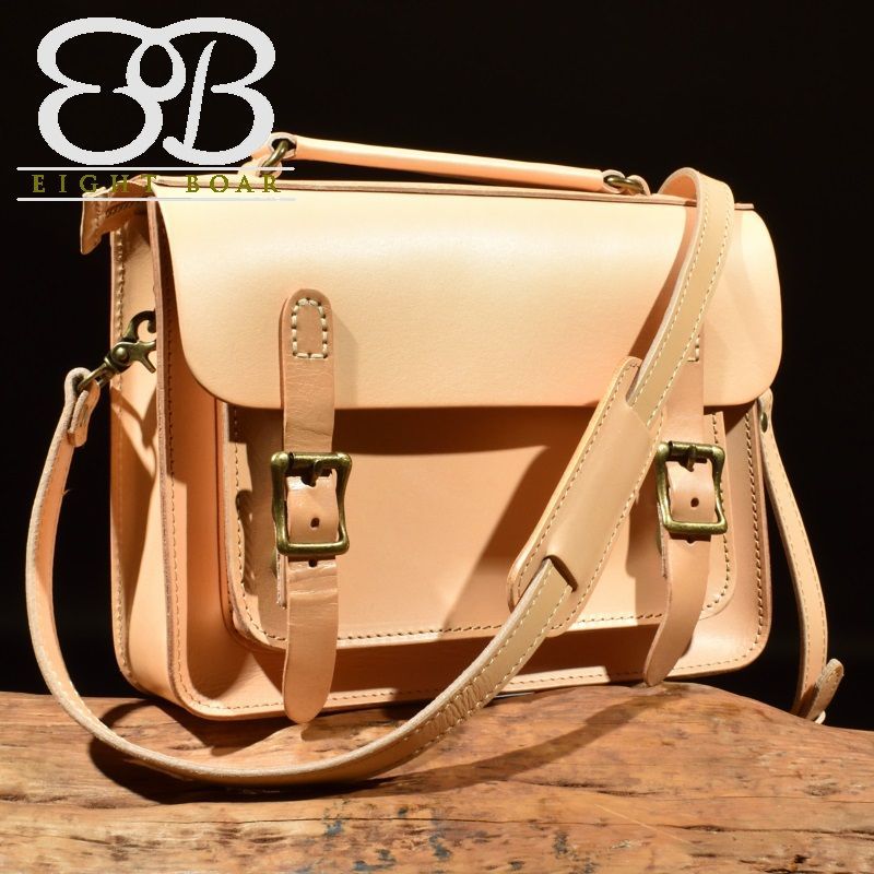 ◇生成りハンドメイド 牛本革 自立式ヌメ革ショルダーバッグ