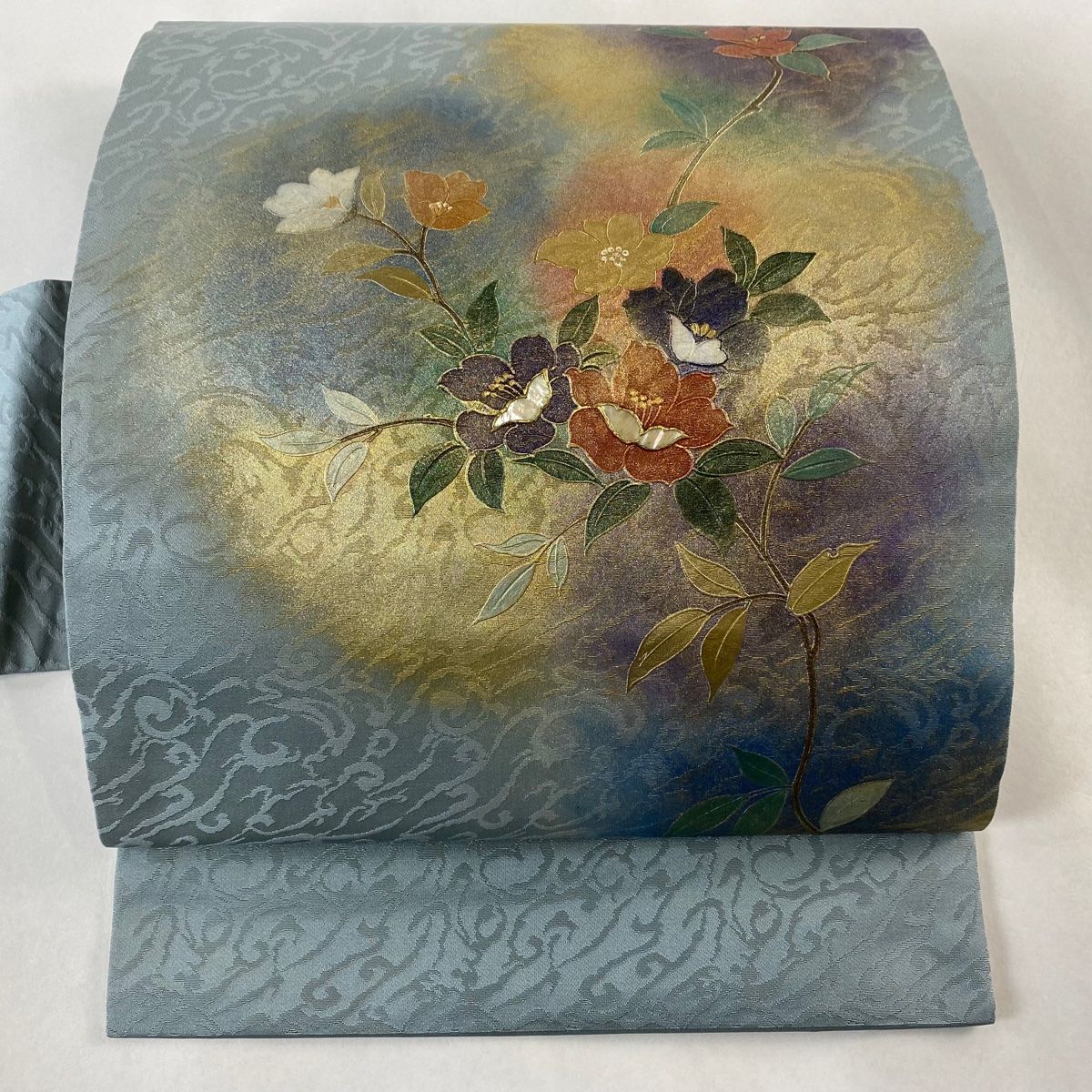 名古屋帯 美品 秀品 草花 霞 金銀彩 黒 正絹 【中古】（袋帯 美