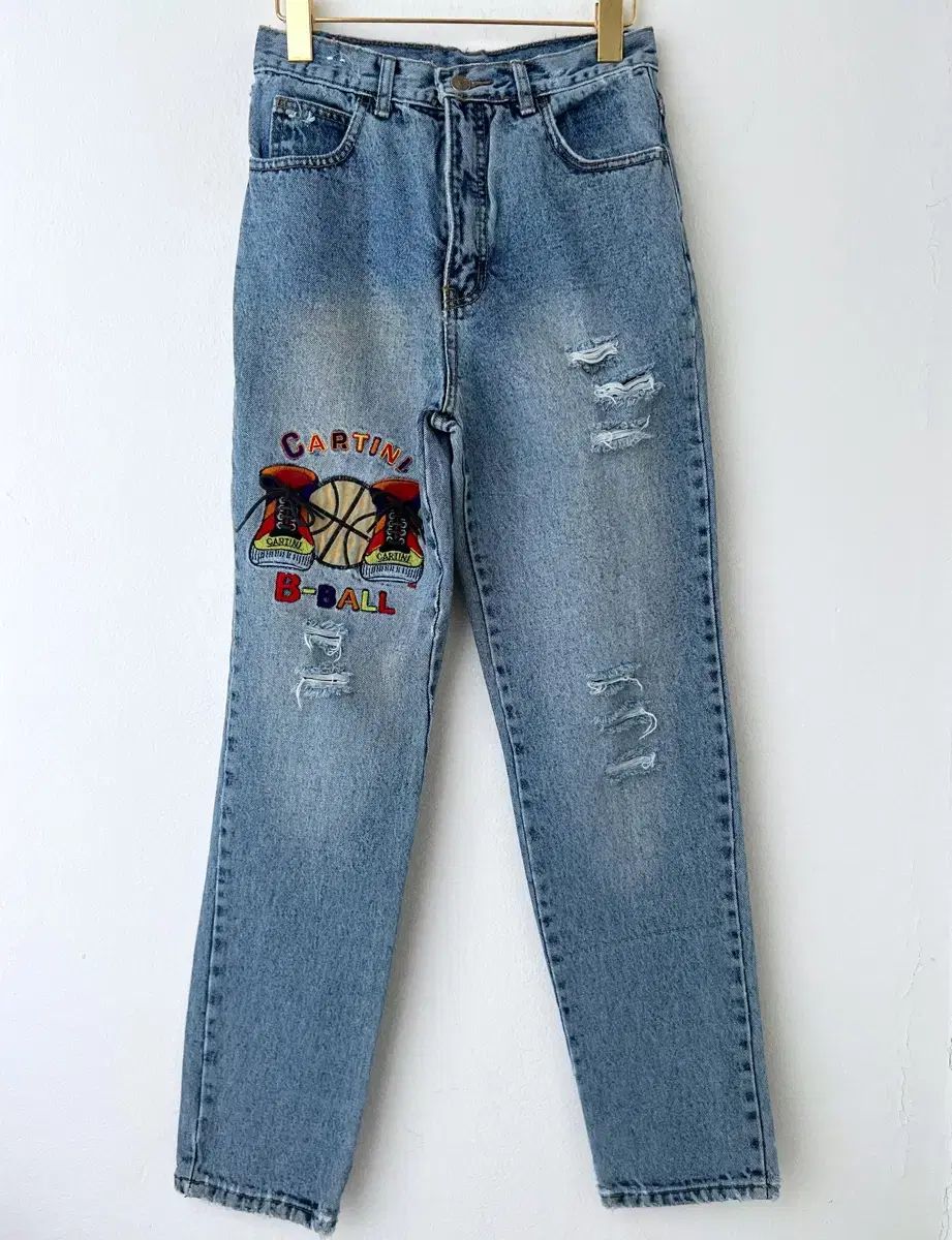 27 ヴィンテージ バスケットボール 刺繡 ワッペン ハイウエスト スキニージーンズ デニム