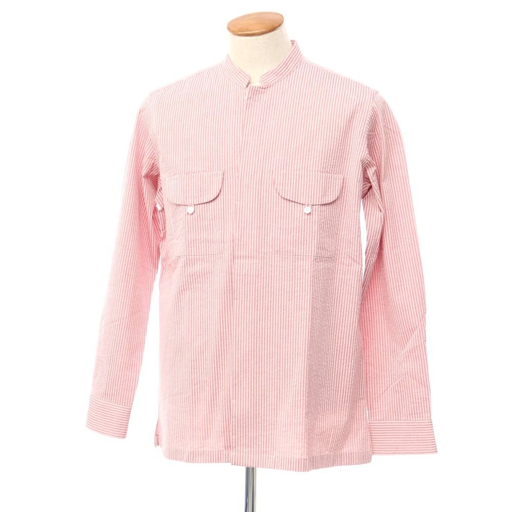 【新品】バグッタ Bagutta シアサッカーコットン スタンドカラーシャツ ピンクxレッド【サイズ40】【メンズ】