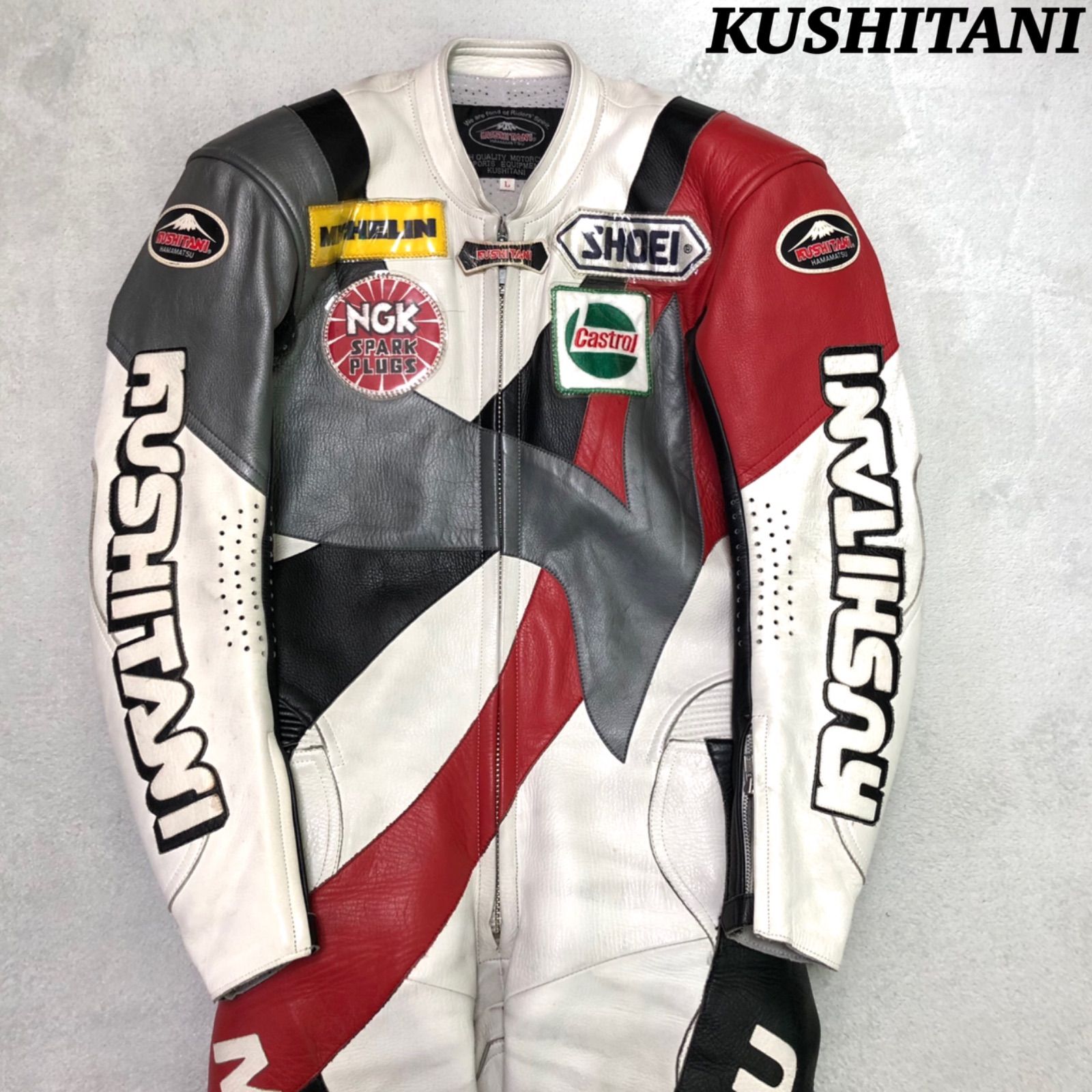 KUSHITANI レーシングスーツ レザースーツ 牛革 カウレザー ライダース つなぎ オールインワン Lサイズ マルチカラー ホワイト 白 クシタニ  - メルカリ