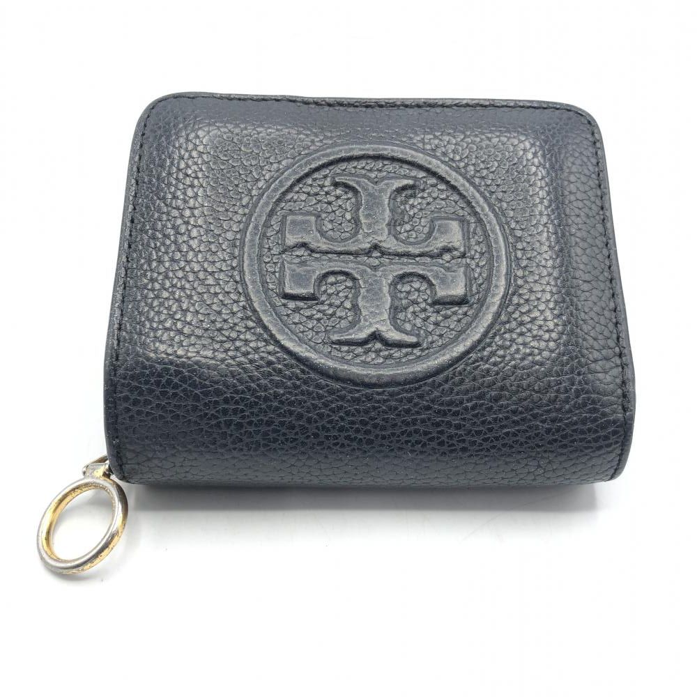 中古】Tory Burch 二つ折り財布 ブラック ラウンドファスナーシボロゴ 