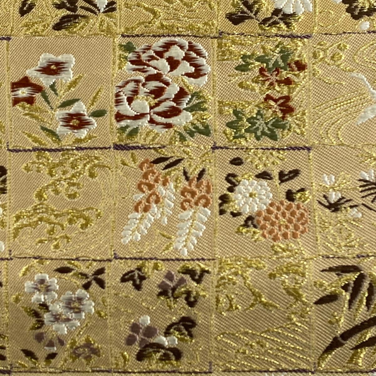 袋帯 名品 草花 鳥 金糸 ベージュ 六通 正絹