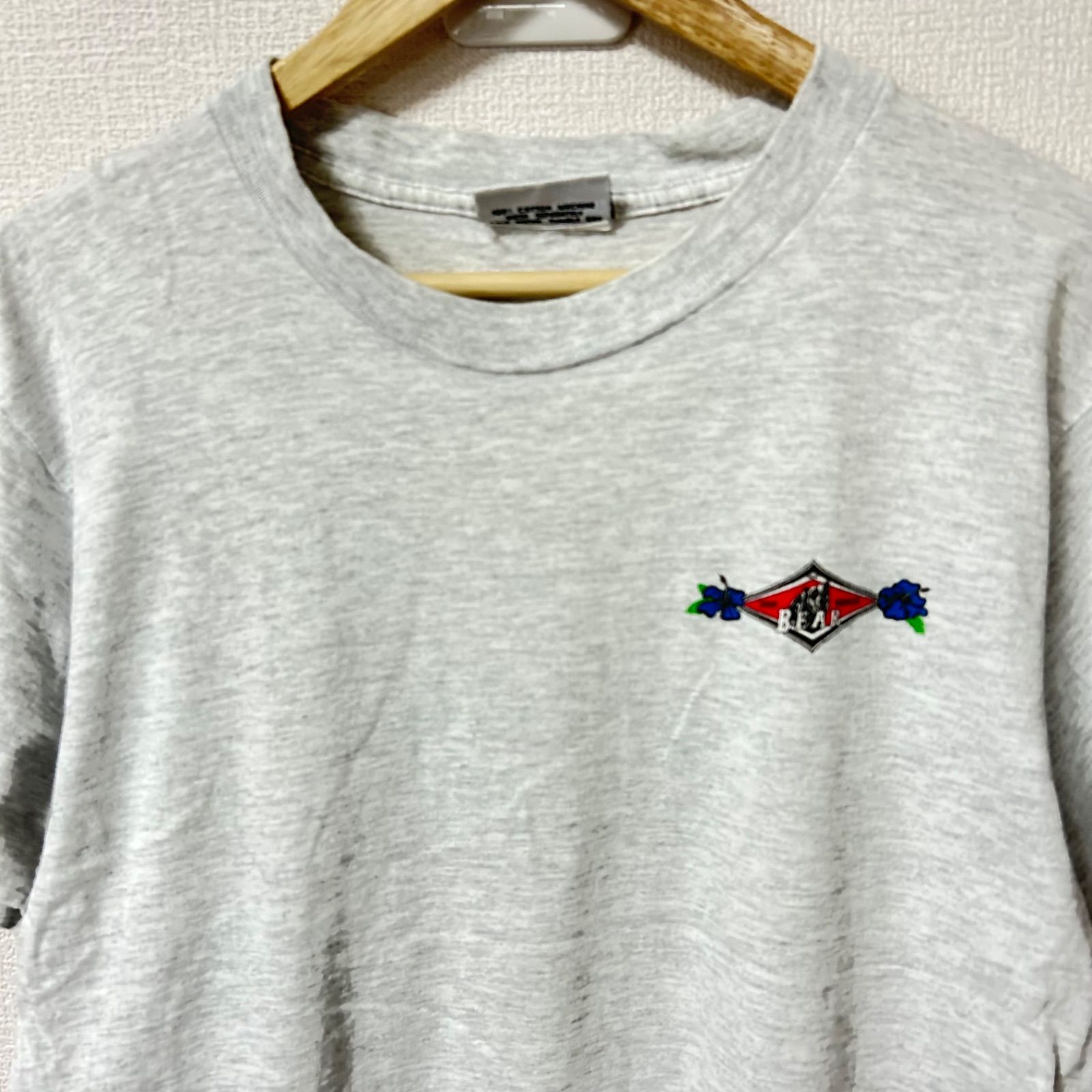 USA製(^w^)b BEAR ベアー クルーネック 半袖Tシャツ 80s 90s ヴィンテージ コットン 綿100% バックプリント サーフ ストリート アメカジ 古着MIX デイリー タウンユース ライトグレー メンズ