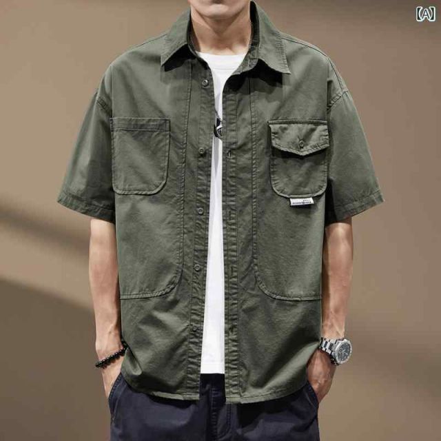 4XL 秋冬 コーデ メンズ 服 シンプル ファッション オシャレ 大人 かっこいい 大きいサイズ ストリート 紳士服 ハイエンド アメリカン ヘビー ミリタリーグリーン ワークウェア 半袖 シャツ カジュアル シャツ ジャケット