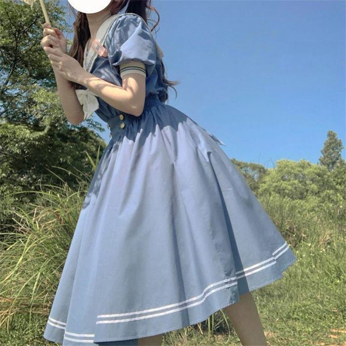 半袖セーラーワンピース セーラー ワンピース レディース 襟付き 半袖 2色 S-XL フレア