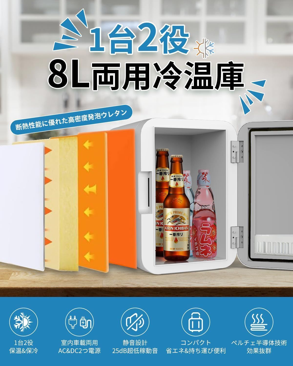 保温・保冷両用】ミニ冷蔵庫 8L 冷温庫 小型 ペルチェ式 高密度発泡