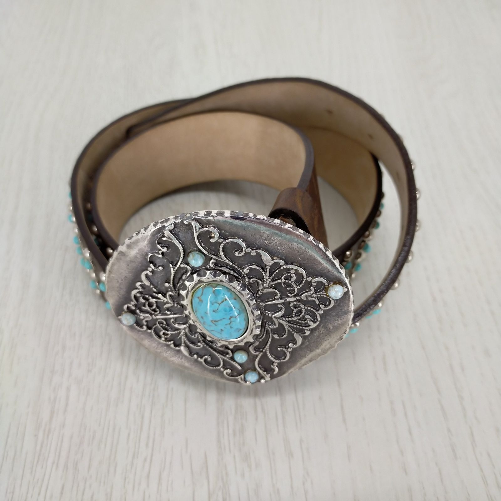 ベルト　ターコイズ　STREETS AHEAD Calista Belt - White Italian Leather Belt With Western