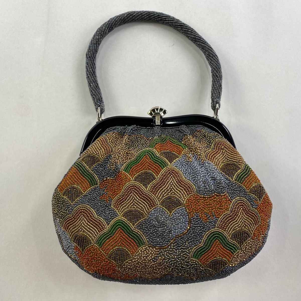 和装バッグ 秀品 ビーズバッグ フォーマル 幾何学 青灰色 ビーズ 和装小物