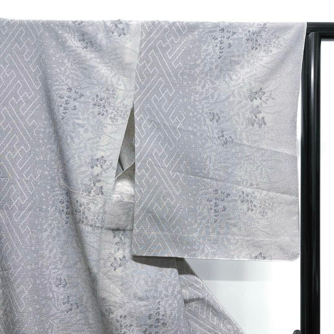 小紋　単衣　塩沢紬　紗綾形　桔梗　モノトーン　着物　074a p 小紋 単衣 塩沢紬 紗綾形 桔梗 モノトーン 着物 074a p