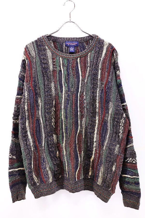 Used 90s ROUND TREEu0026YORKE 3D Stripes Gray Cotton Mix Knit Size XL 古着