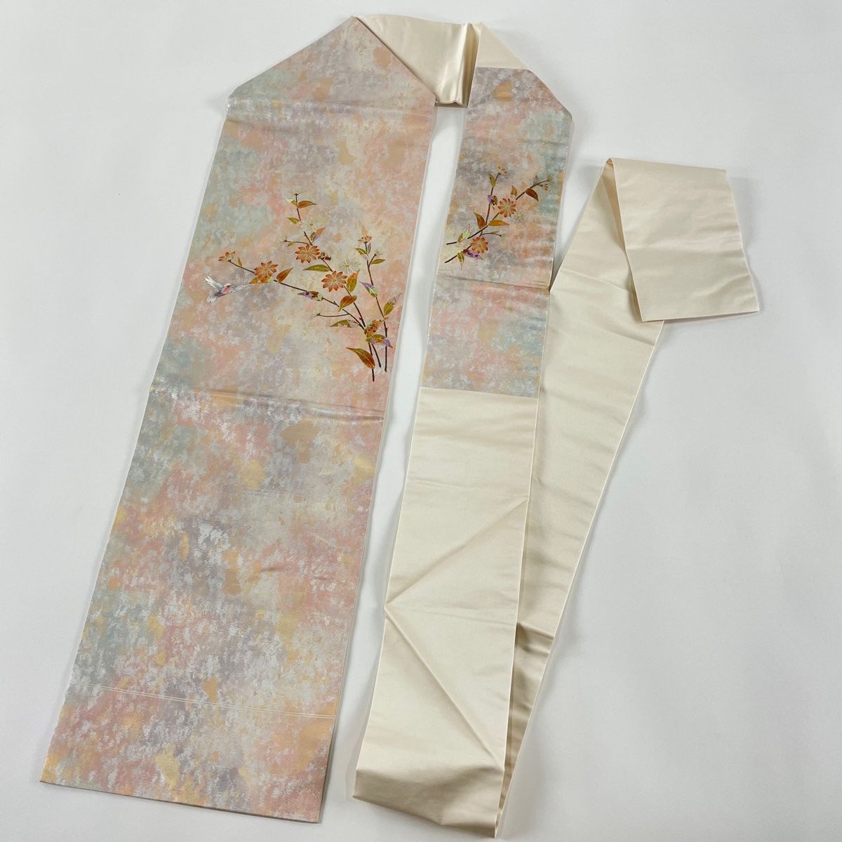 名古屋帯 美品 優品 草花 鳥 金銀彩 箔 ピンクベージュ 正絹