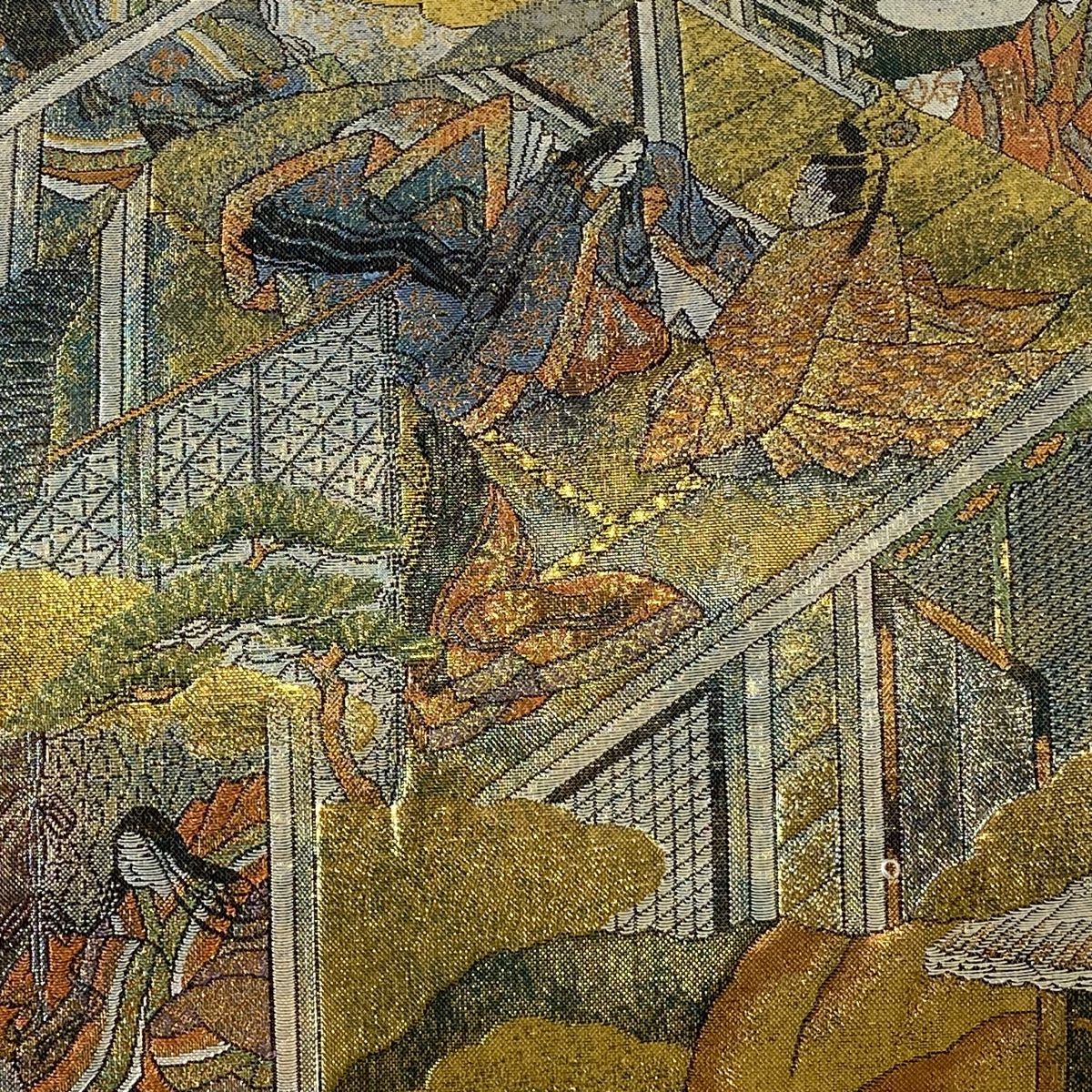 袋帯 美品 秀品 風景 建物 刺繍 金糸 薄茶色 お太鼓柄 正絹 【中古】 ☆