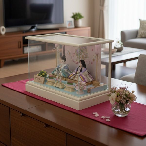 工房ゆうき作 ひなろこ 木目込み親王 オフホワイト塗アクリルケース飾り 豪華 付