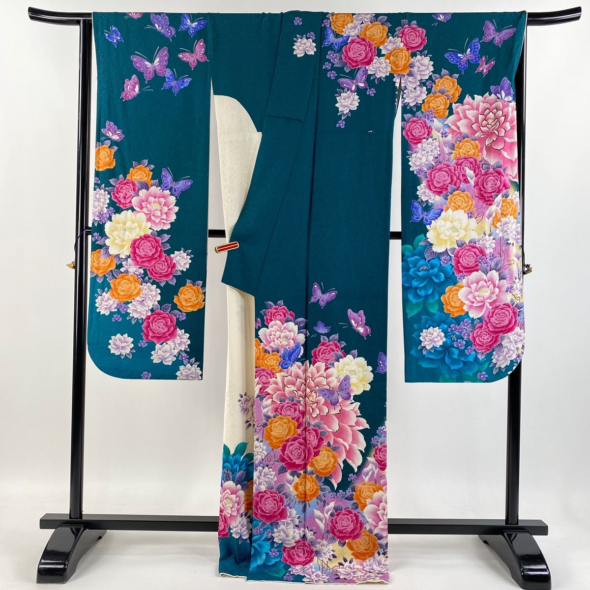 振袖 身丈172.5cm 裄丈69.5cm L 袷 薔薇 蝶 ラインストーン 銀