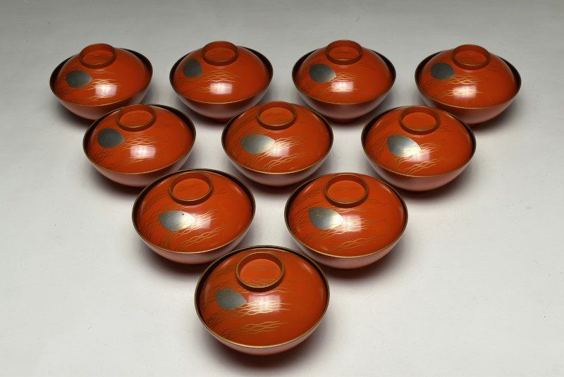 蔵A2005c】浅野友七(橘屋友七) 朱塗月文蒔絵 吸物椀 汁椀 十客
